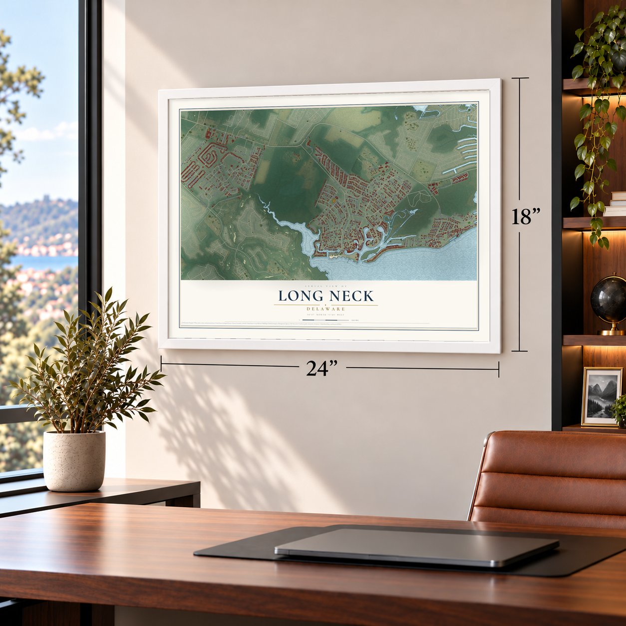 Long Neck, Delaware map, 18 x 24 inch print in a white frame in a home office