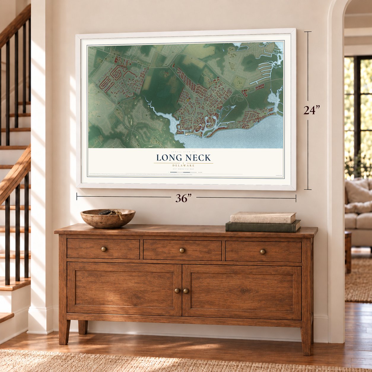 Long Neck, Delaware map, 24 x 36 inch print in a white frame above a dresser by a staircase