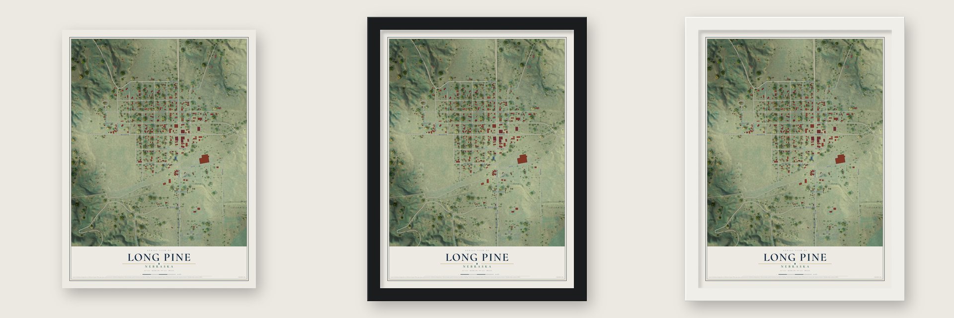 Long Pine, Nebraska map unframed, in a black wood frame and in a white wood frame
