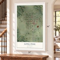 Long Pine, Nebraska map, 24 x 36 inch print in a white frame by a staircase