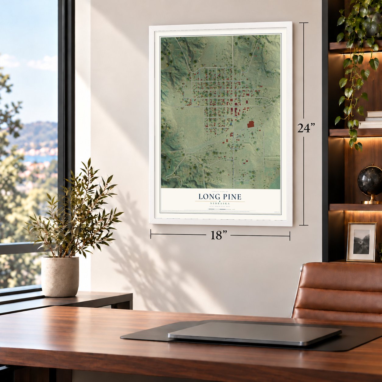 Long Pine, Nebraska map, 18 x 24 inch print in a white frame in a home office