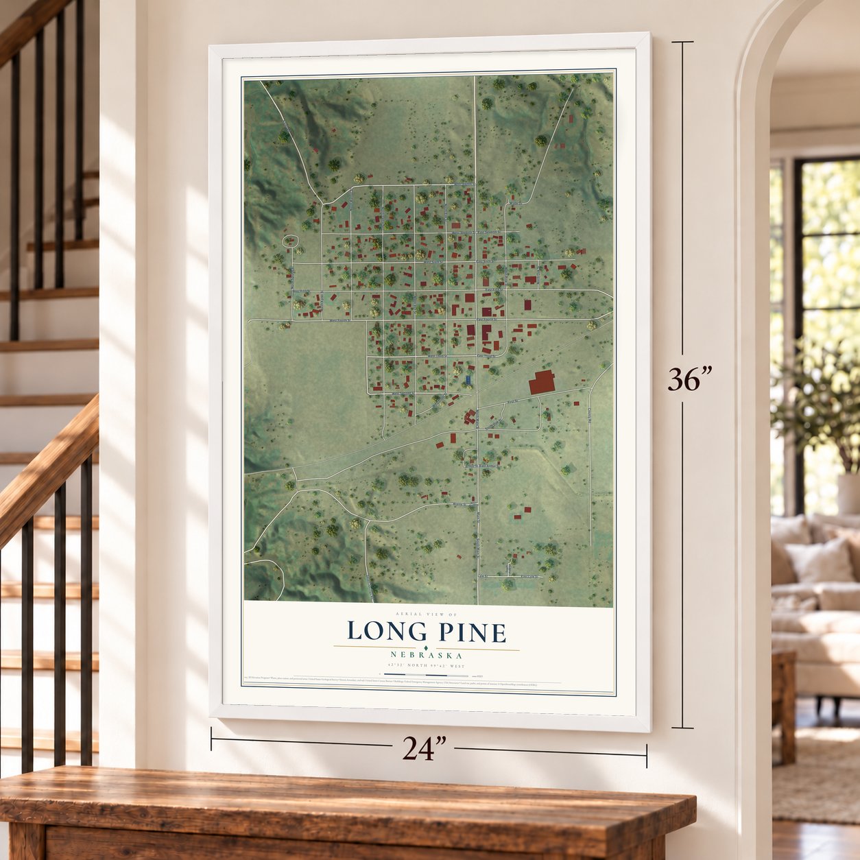 Long Pine, Nebraska map, 24 x 36 inch print in a white frame by a staircase