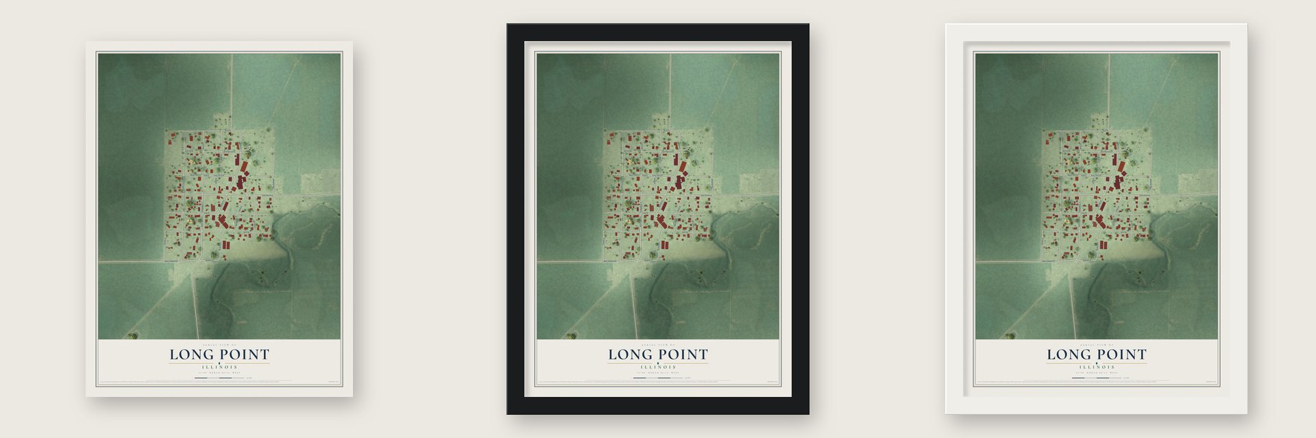 Long Point, Illinois map unframed, in a black wood frame and in a white wood frame