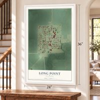 Long Point, Illinois map, 24 x 36 inch print in a white frame by a staircase