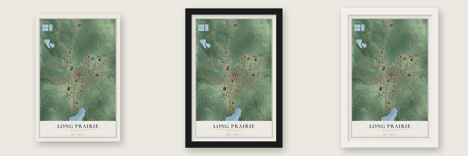 Long Prairie, Minnesota map unframed, in a black wood frame and in a white wood frame