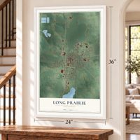 Long Prairie, Minnesota map, 24 x 36 inch print in a white frame by a staircase