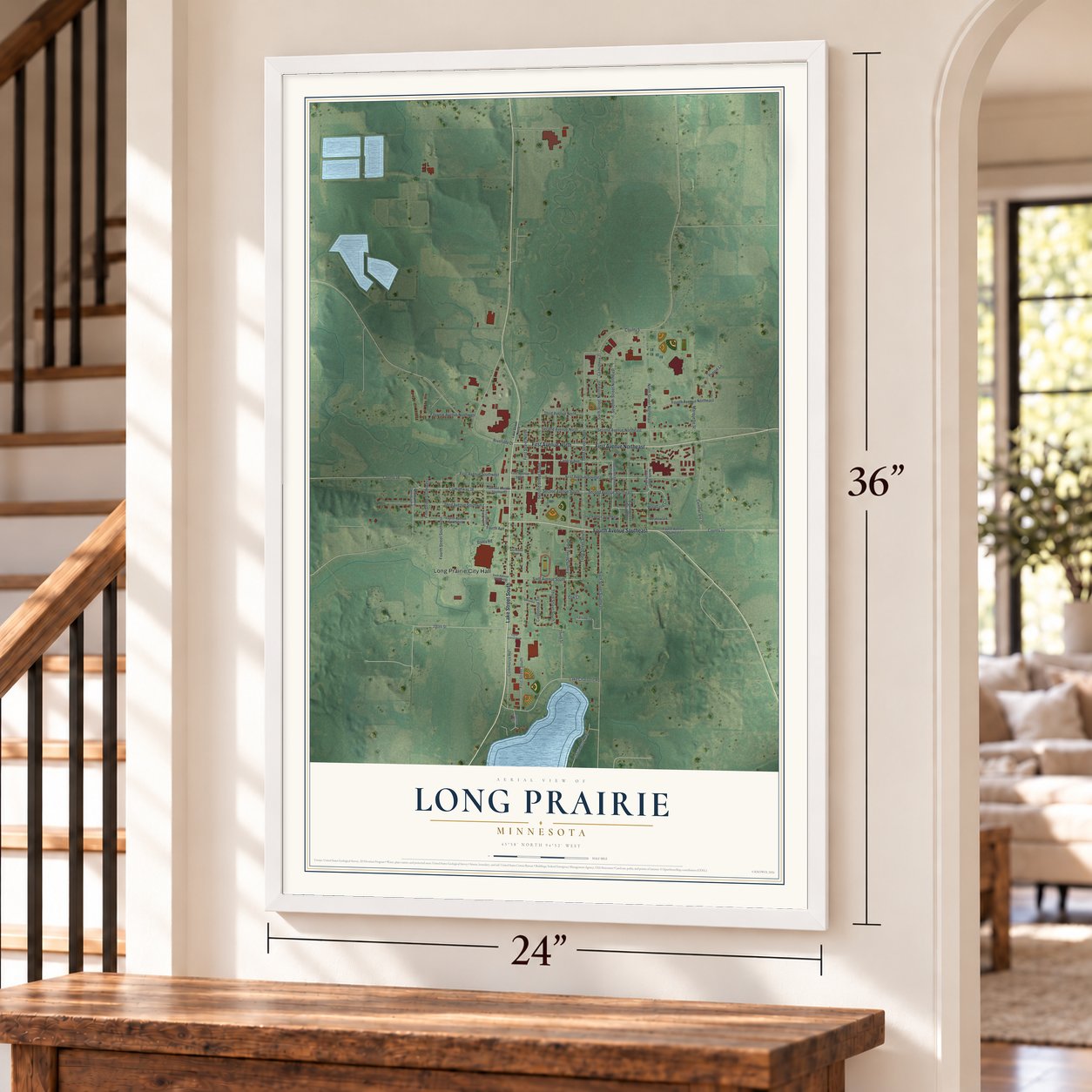 Long Prairie, Minnesota map, 24 x 36 inch print in a white frame by a staircase