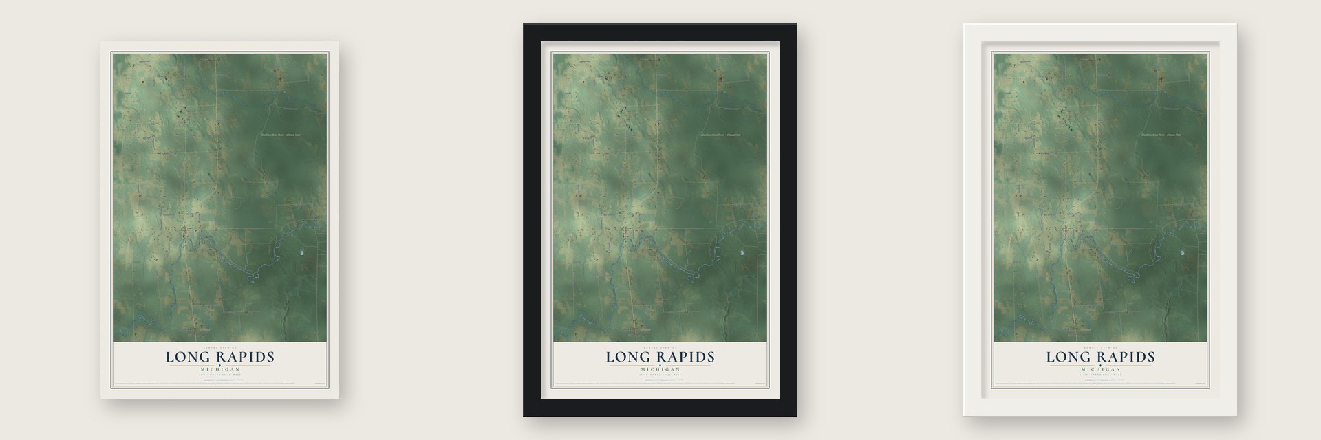 Long Rapids, Michigan map unframed, in a black wood frame and in a white wood frame