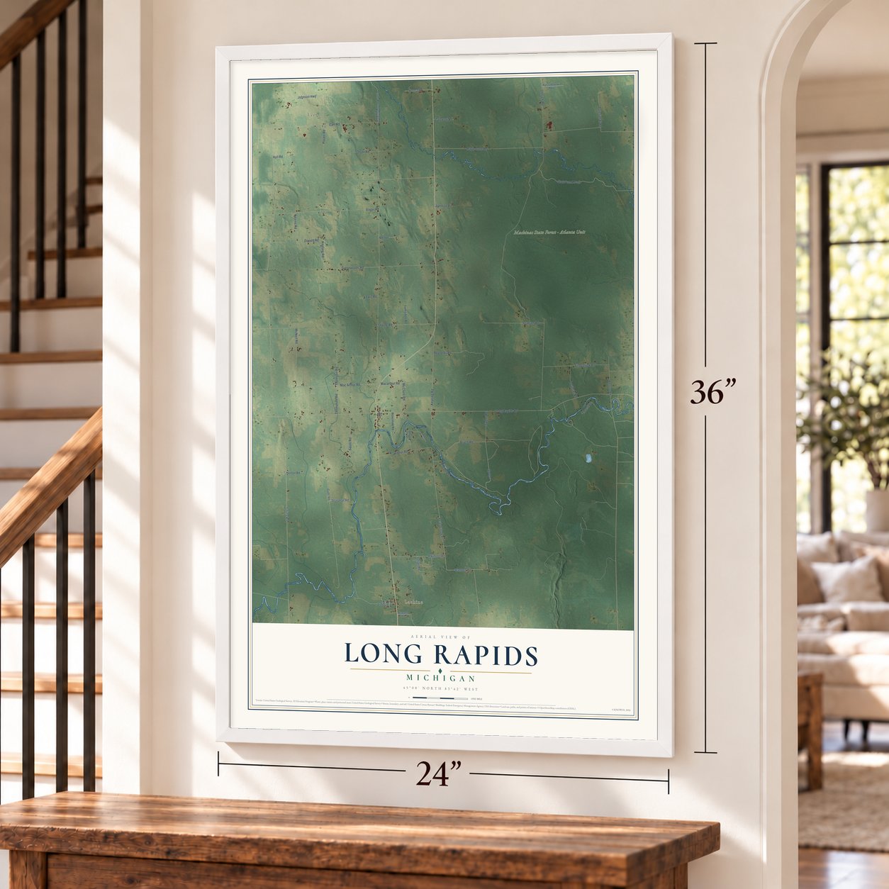 Long Rapids, Michigan map, 24 x 36 inch print in a white frame by a staircase