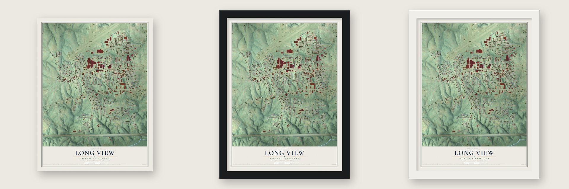 Long View, North Carolina map unframed, in a black wood frame and in a white wood frame