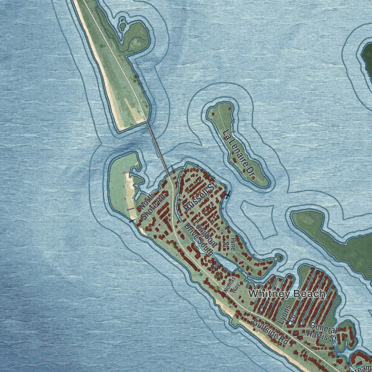 Second close-up of the map of Longboat Key, Florida print showing more streets and buildings