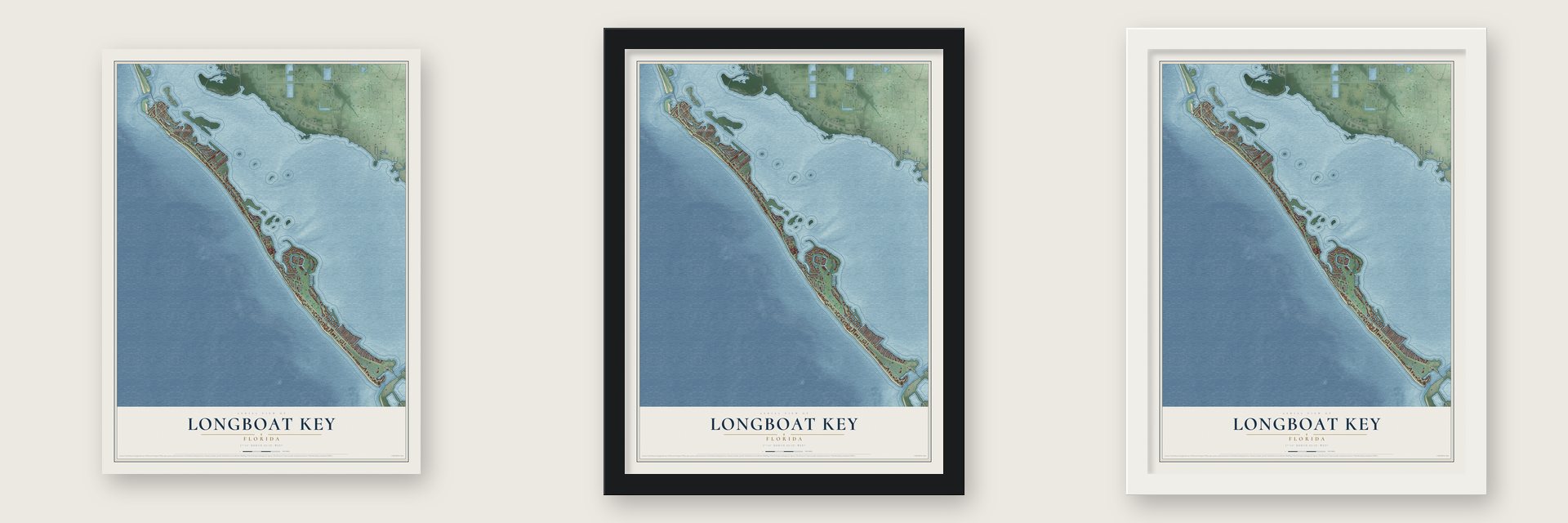Longboat Key, Florida map unframed, in a black wood frame and in a white wood frame