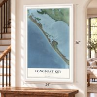 Longboat Key, Florida map, 24 x 36 inch print in a white frame by a staircase