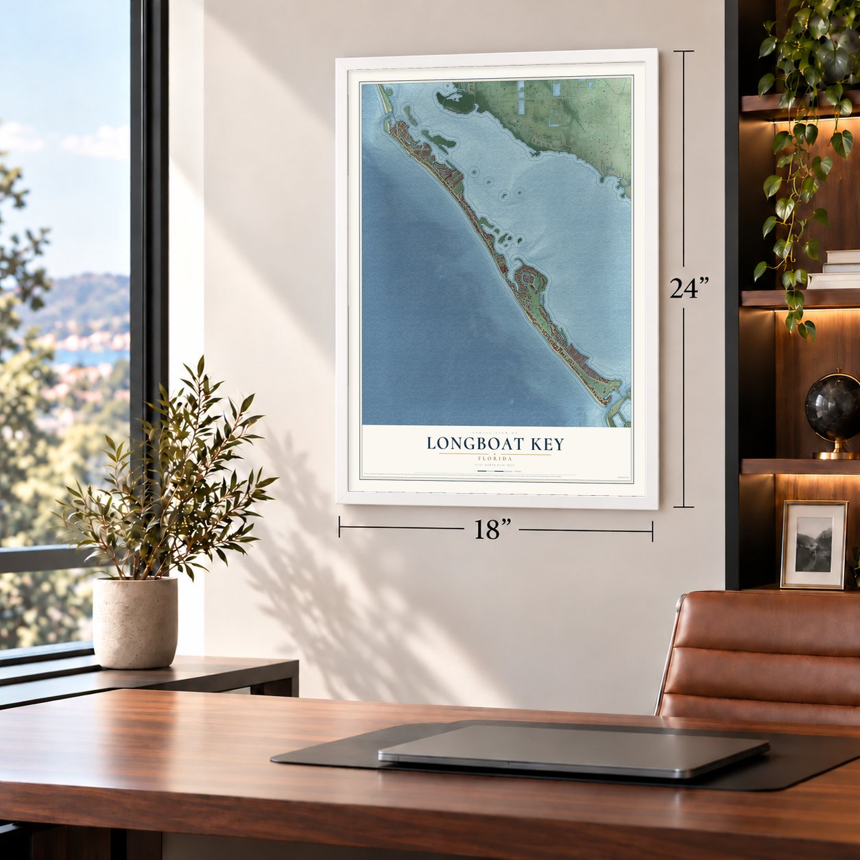 Longboat Key, Florida map, 18 x 24 inch print in a white frame in a home office
