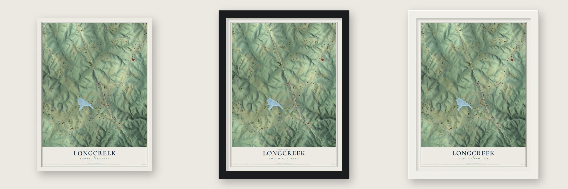 Longcreek, South Carolina map unframed, in a black wood frame and in a white wood frame
