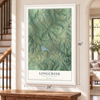 Longcreek, South Carolina map, 24 x 36 inch print in a white frame by a staircase