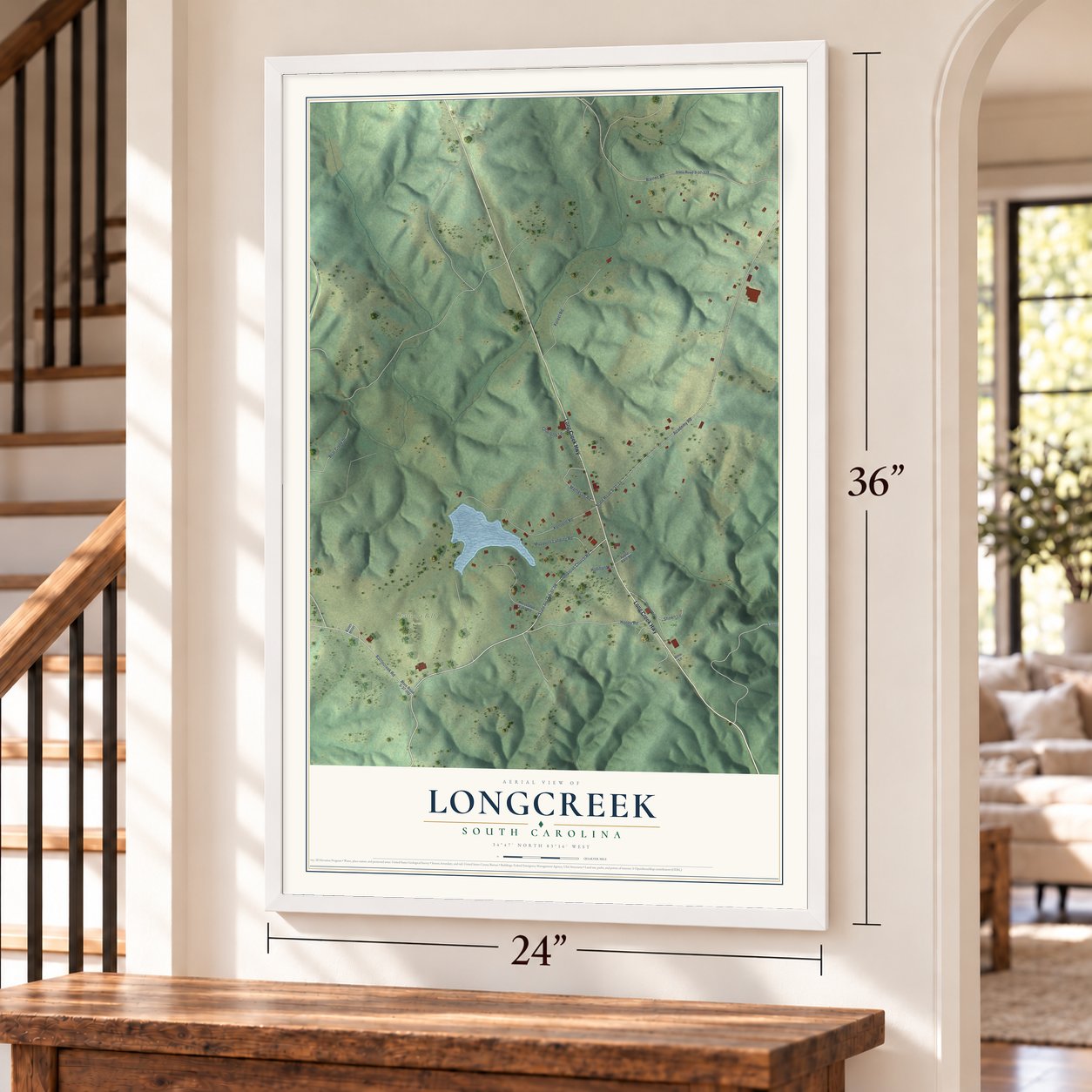 Longcreek, South Carolina map, 24 x 36 inch print in a white frame by a staircase