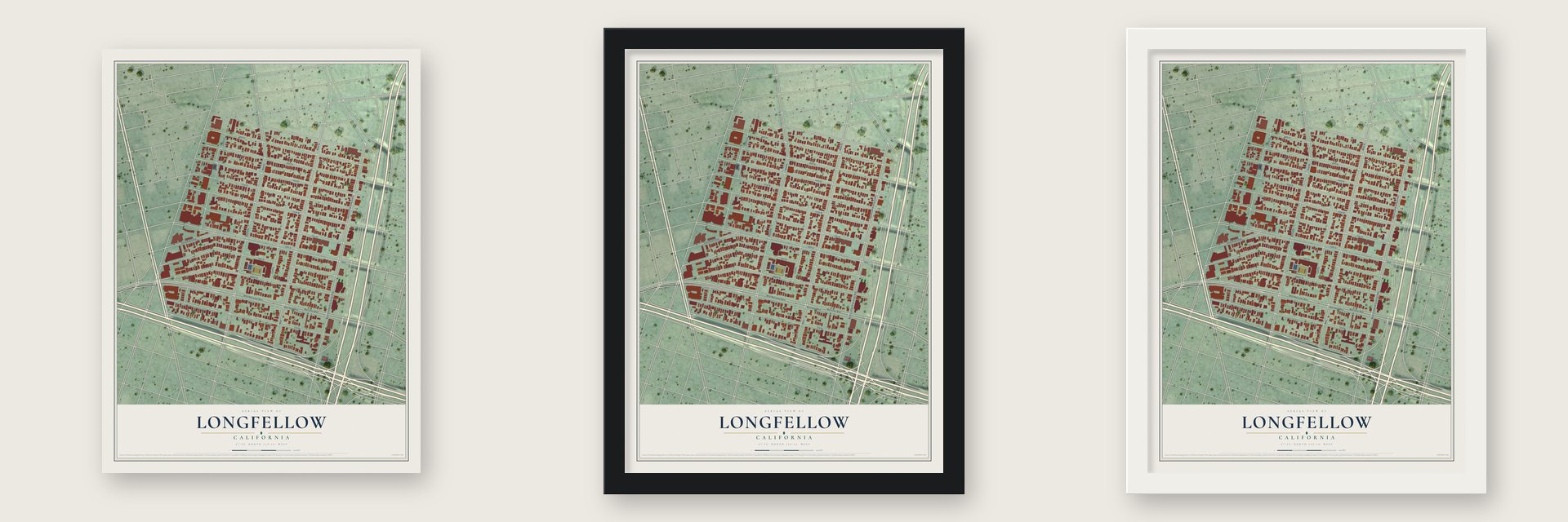 Longfellow, California map unframed, in a black wood frame and in a white wood frame