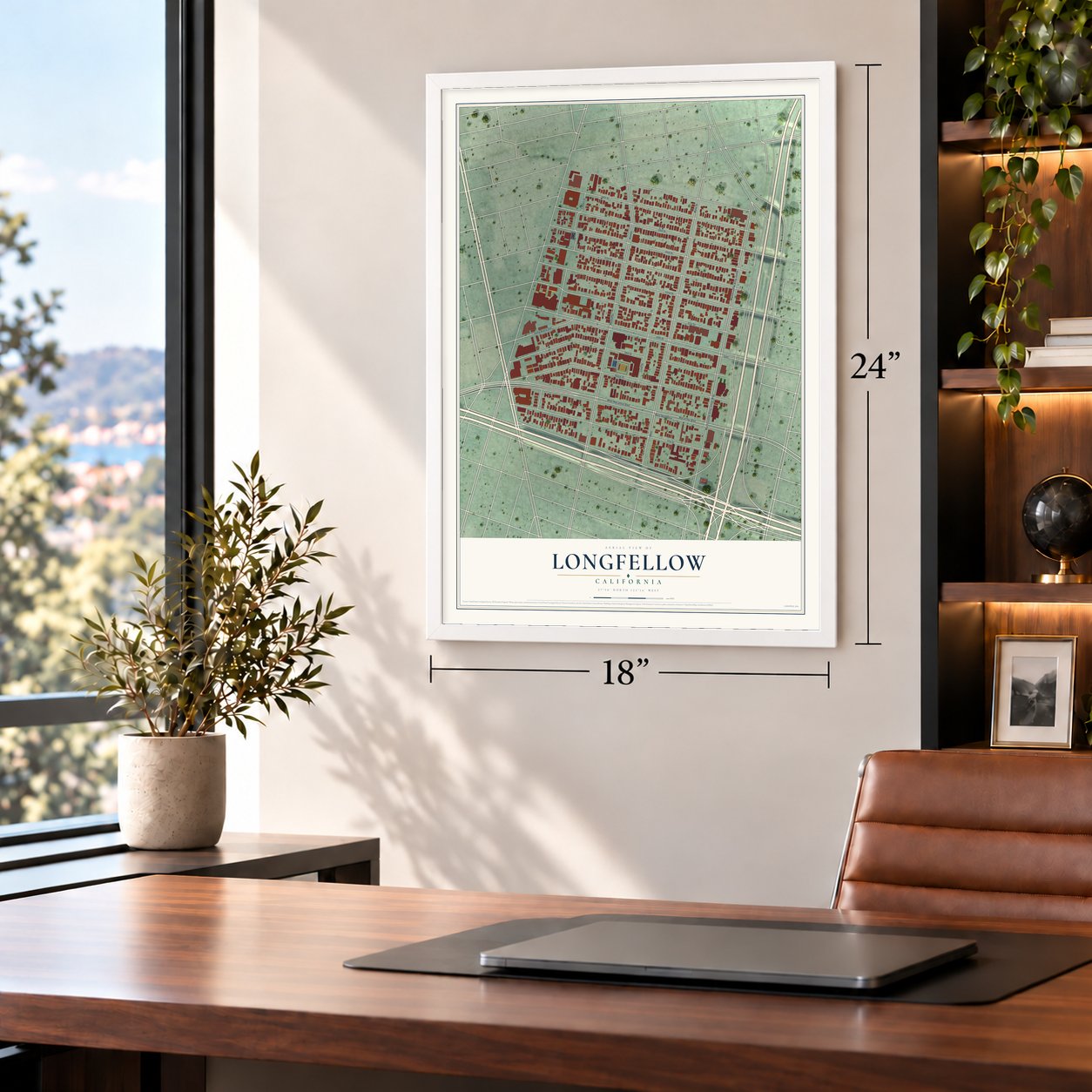 Longfellow, California map, 18 x 24 inch print in a white frame in a home office