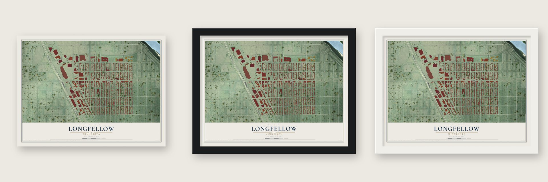 Longfellow, Minnesota map unframed, in a black wood frame and in a white wood frame