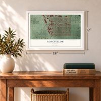 Longfellow, Minnesota map, 12 x 18 inch print in a white frame in an entryway