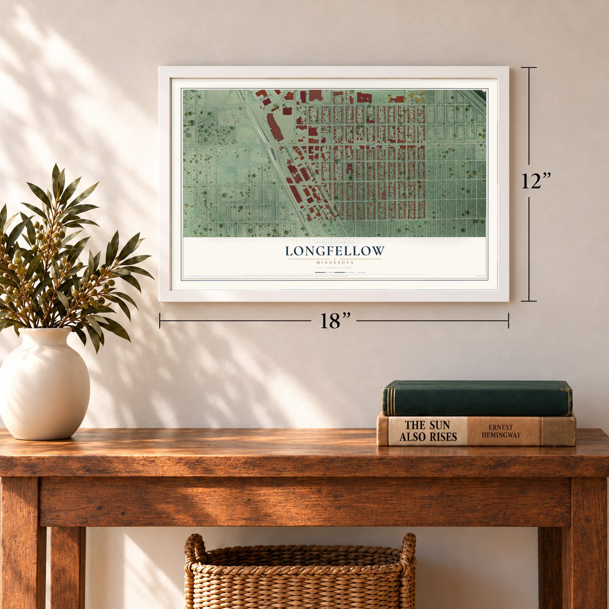 Longfellow, Minnesota map, 12 x 18 inch print in a white frame in an entryway