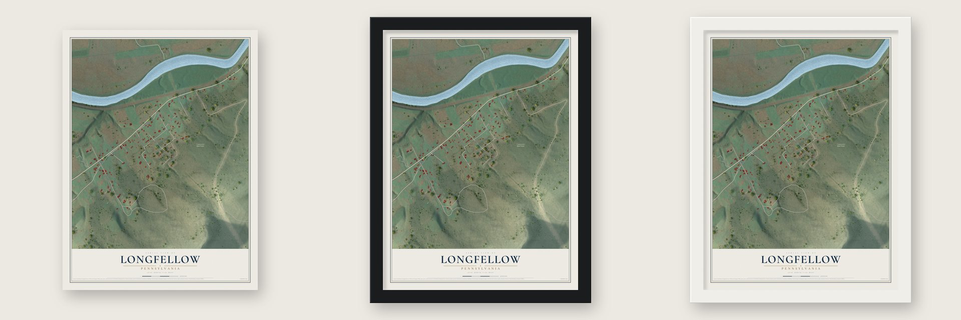 Longfellow, Pennsylvania map unframed, in a black wood frame and in a white wood frame