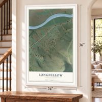 Longfellow, Pennsylvania map, 24 x 36 inch print in a white frame by a staircase