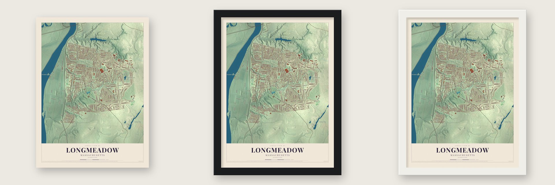 Longmeadow, Massachusetts map unframed, in a black wood frame and in a white wood frame