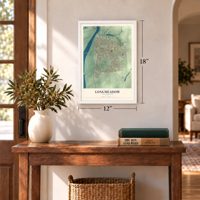 Longmeadow, Massachusetts map, 12 x 18 inch print in a white frame in an entryway