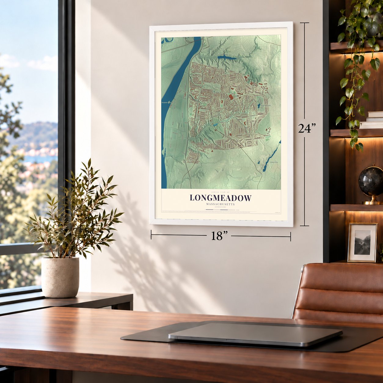 Longmeadow, Massachusetts map, 18 x 24 inch print in a white frame in a home office