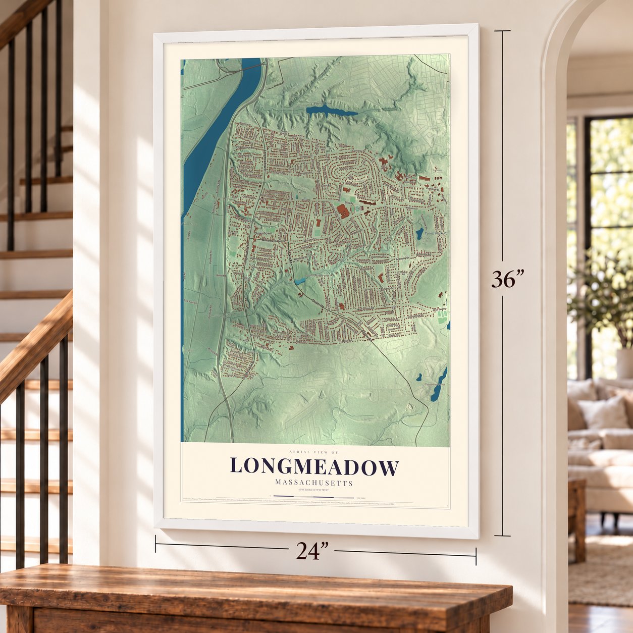 Longmeadow, Massachusetts map, 24 x 36 inch print in a white frame by a staircase