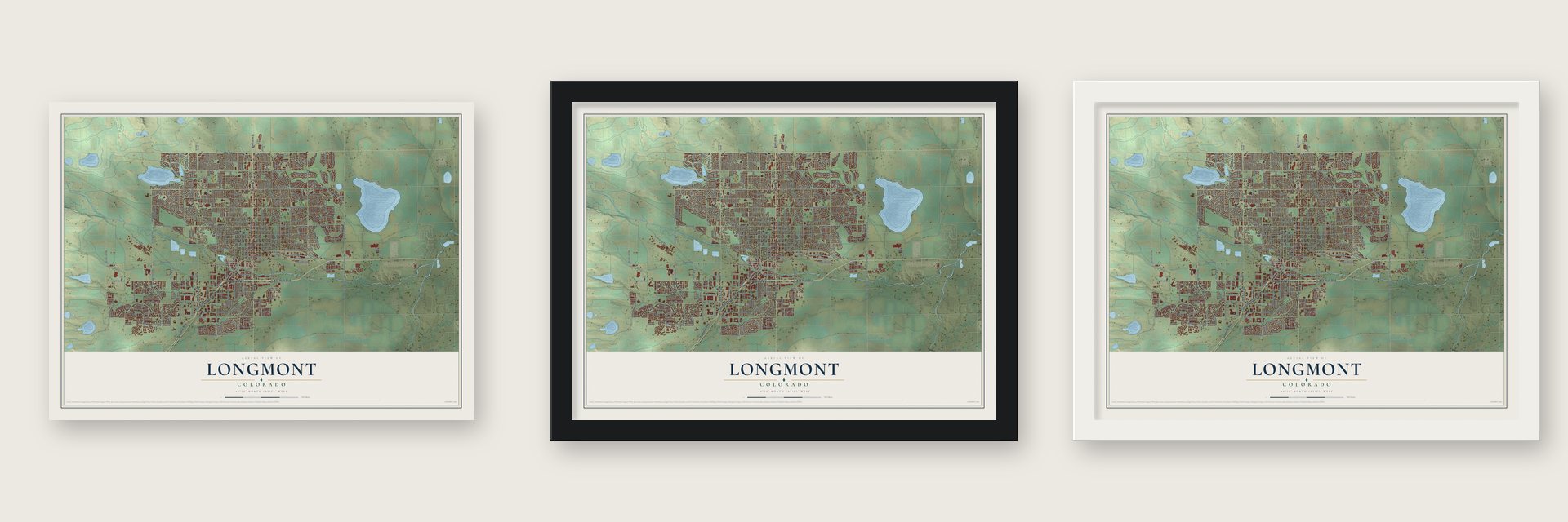 Longmont, Colorado map unframed, in a black wood frame and in a white wood frame