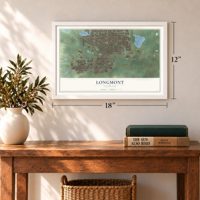 Longmont, Colorado map, 12 x 18 inch print in a white frame in an entryway