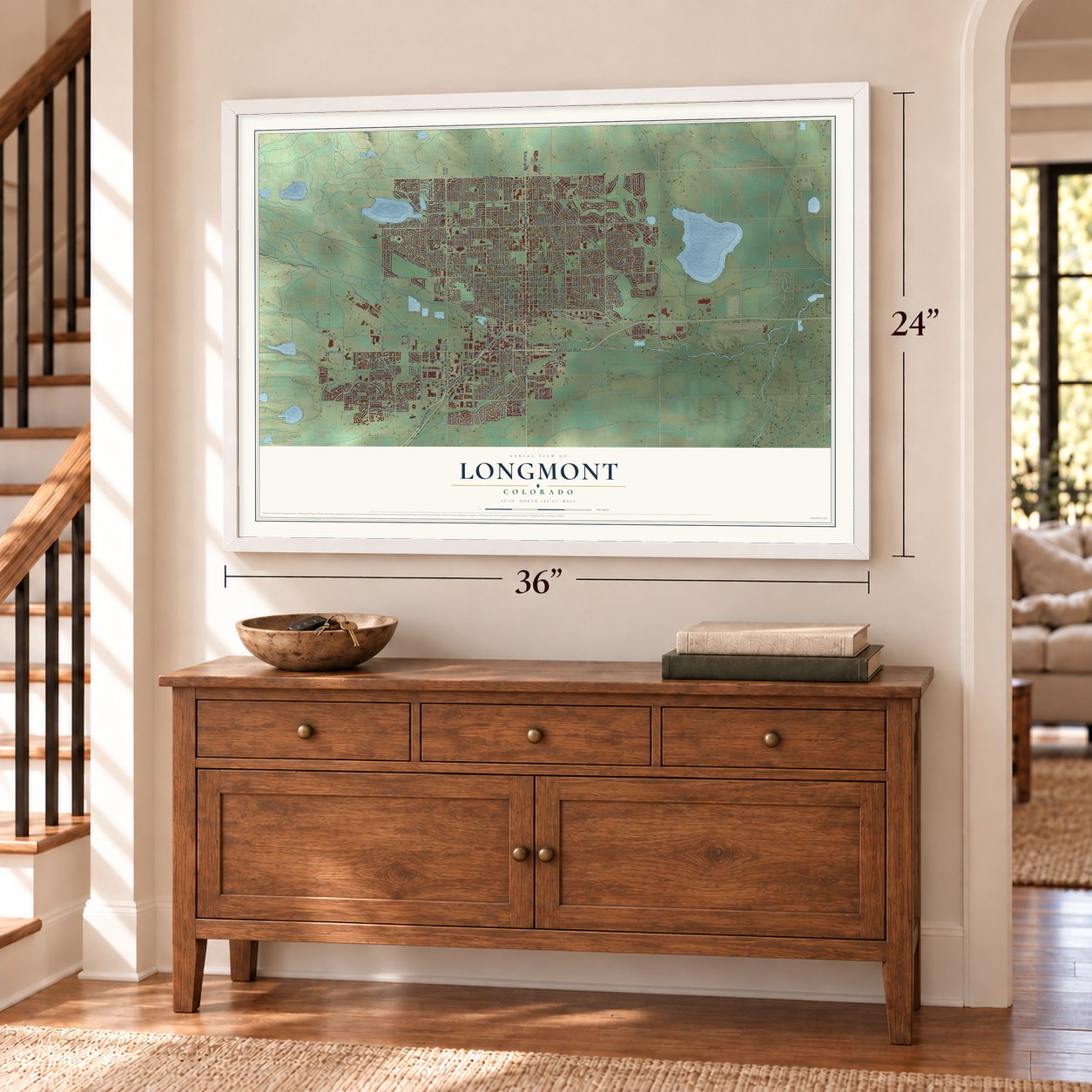 Longmont, Colorado map, 24 x 36 inch print in a white frame above a dresser by a staircase