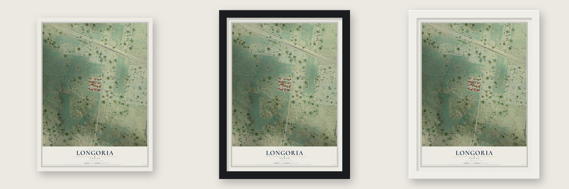 Longoria, Texas map unframed, in a black wood frame and in a white wood frame
