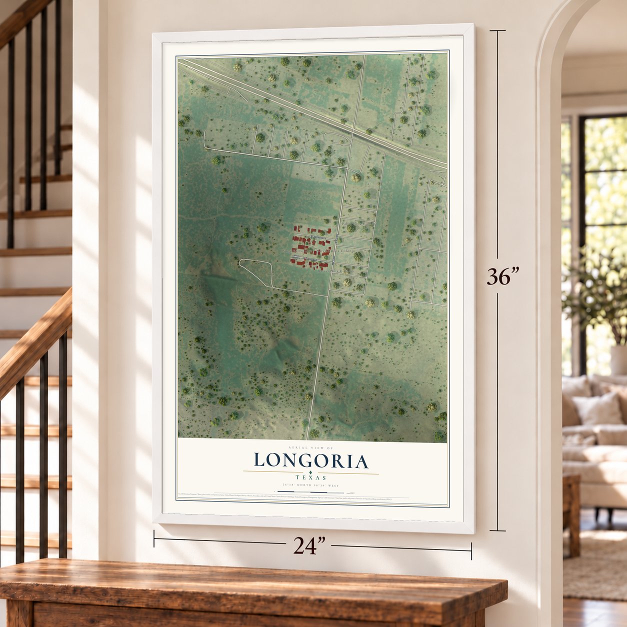 Longoria, Texas map, 24 x 36 inch print in a white frame by a staircase