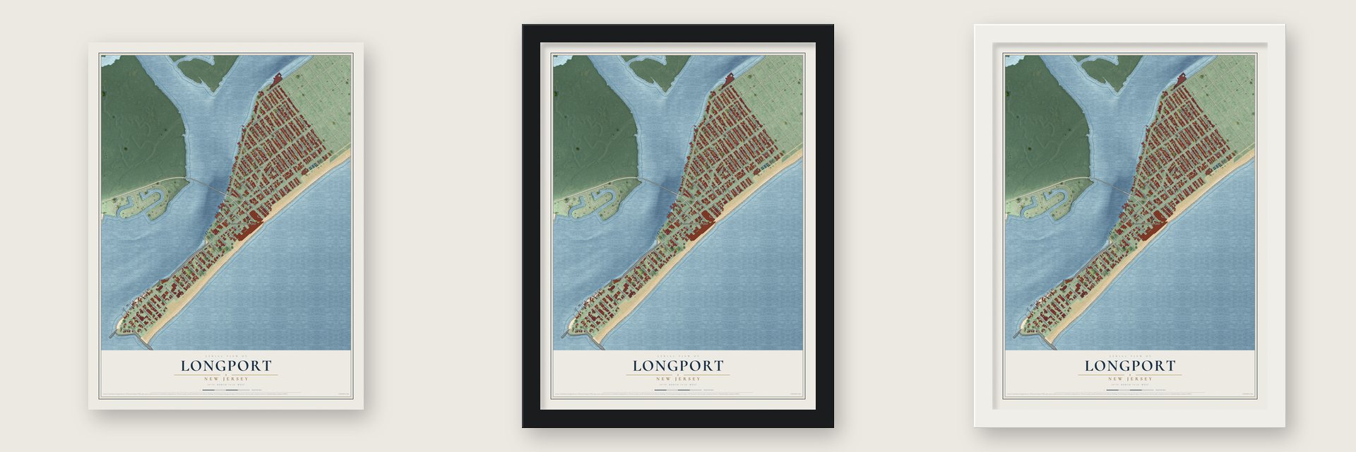 Longport, New Jersey map unframed, in a black wood frame and in a white wood frame