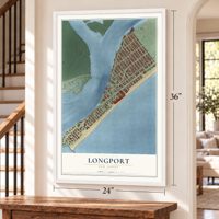 Longport, New Jersey map, 24 x 36 inch print in a white frame by a staircase
