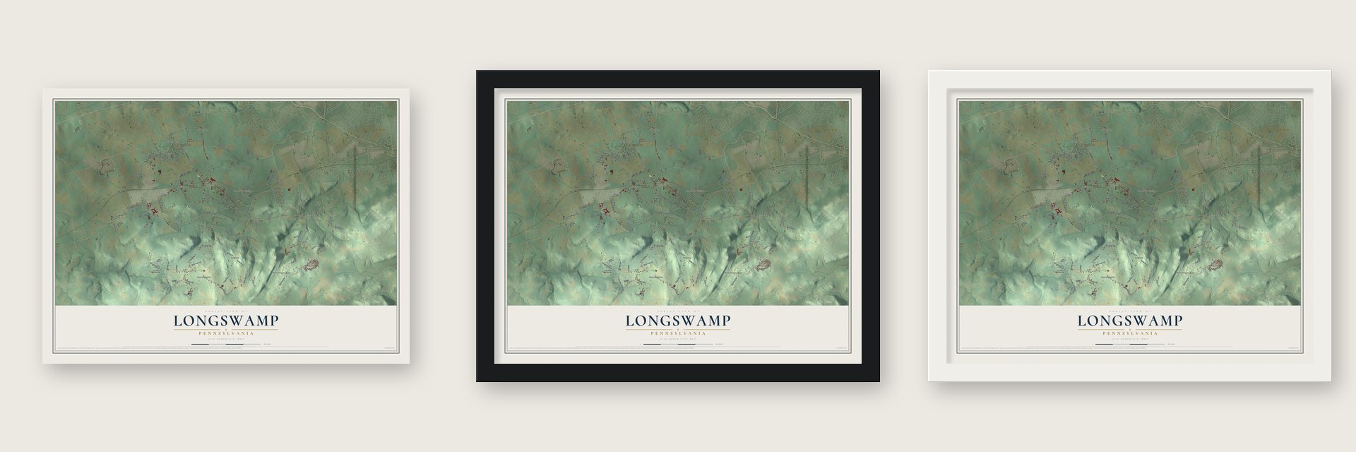 Longswamp, Pennsylvania map unframed, in a black wood frame and in a white wood frame