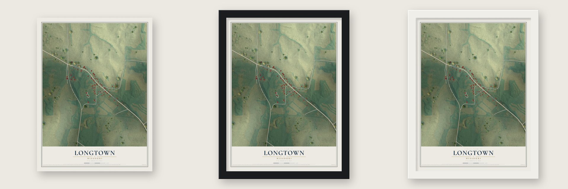 Longtown, Missouri map unframed, in a black wood frame and in a white wood frame