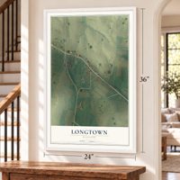Longtown, Missouri map, 24 x 36 inch print in a white frame by a staircase