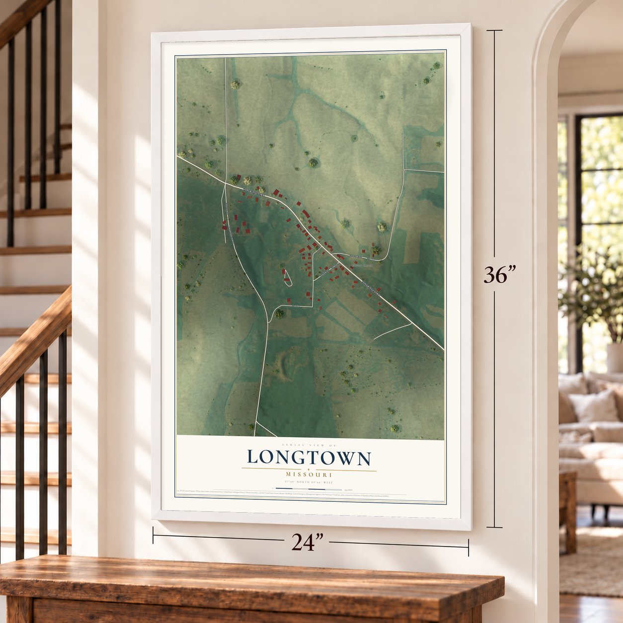 Longtown, Missouri map, 24 x 36 inch print in a white frame by a staircase