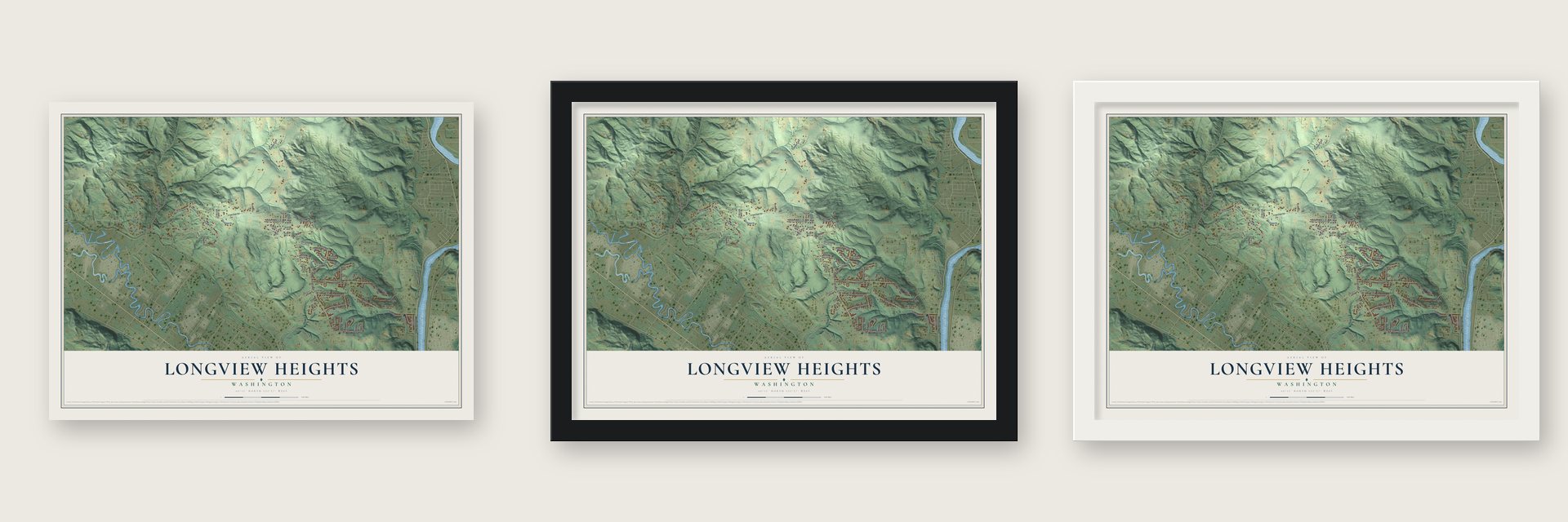 Longview Heights, Washington map unframed, in a black wood frame and in a white wood frame