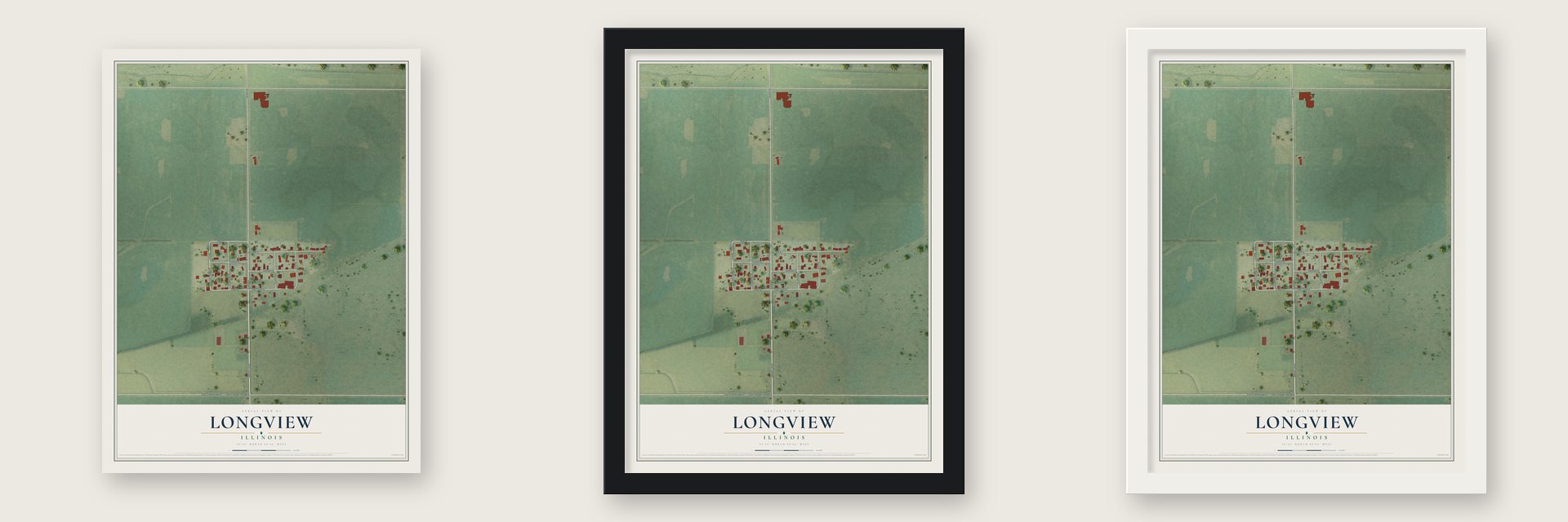 Longview, Illinois map unframed, in a black wood frame and in a white wood frame