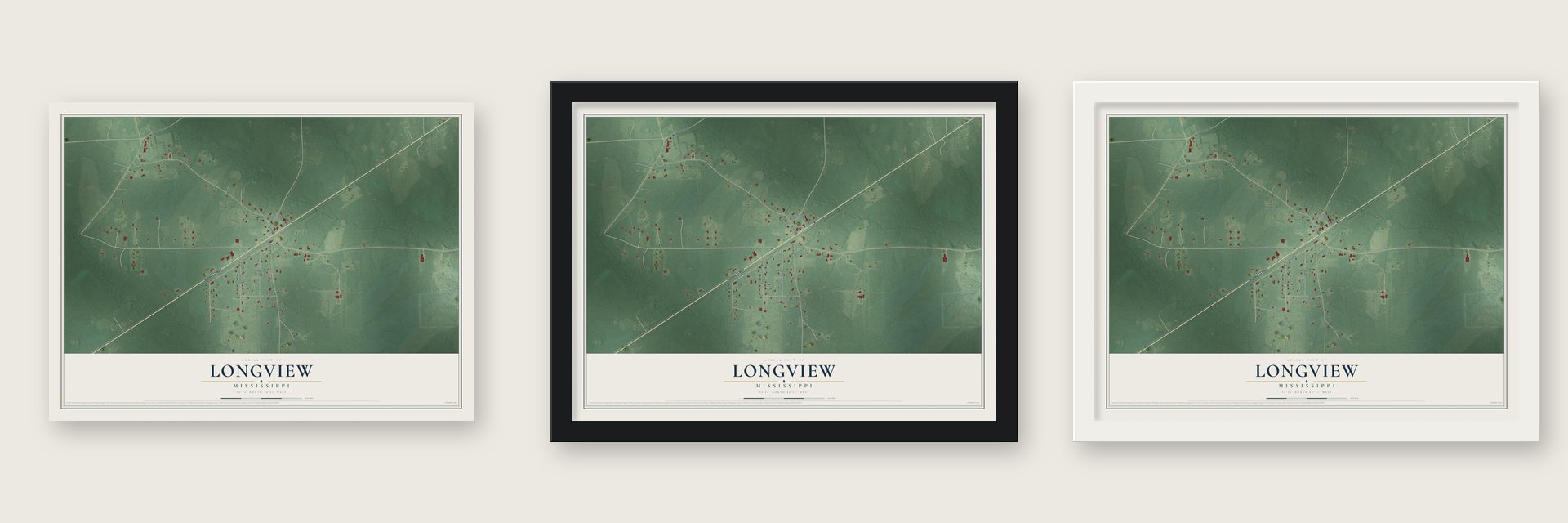 Longview, Mississippi map unframed, in a black wood frame and in a white wood frame