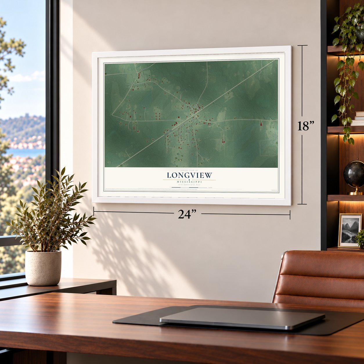 Longview, Mississippi map, 18 x 24 inch print in a white frame in a home office