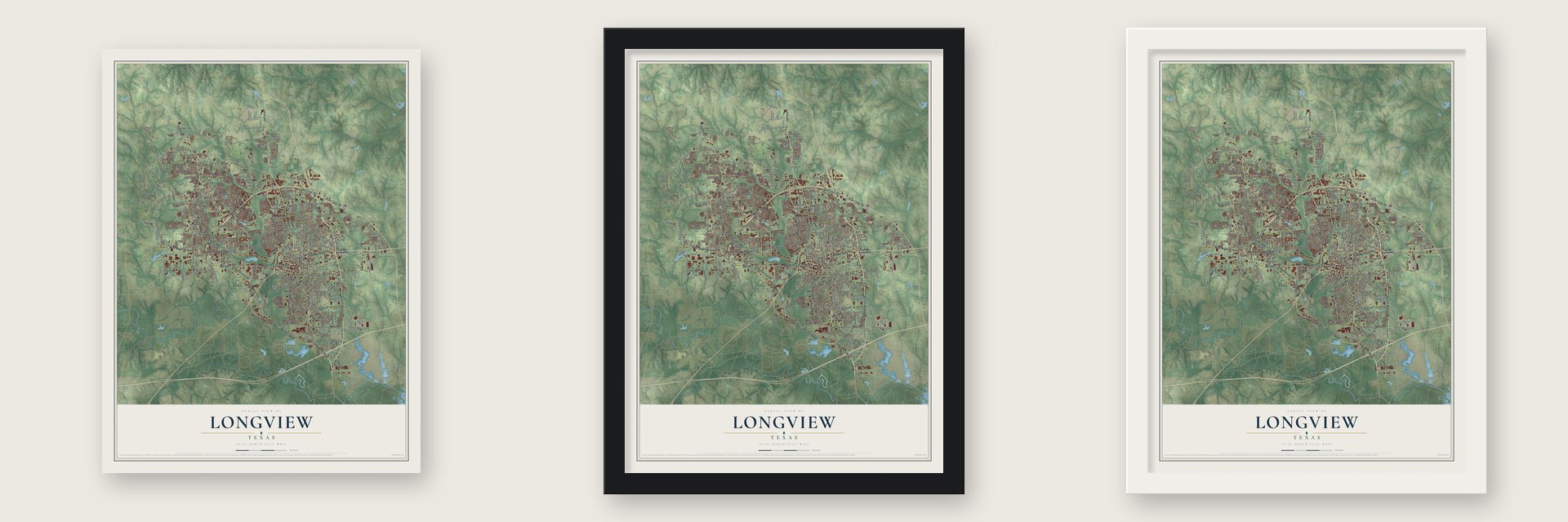 Longview, Texas map unframed, in a black wood frame and in a white wood frame
