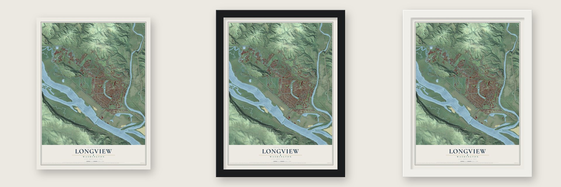 Longview, Washington map unframed, in a black wood frame and in a white wood frame