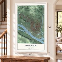 Longview, Washington map, 24 x 36 inch print in a white frame by a staircase